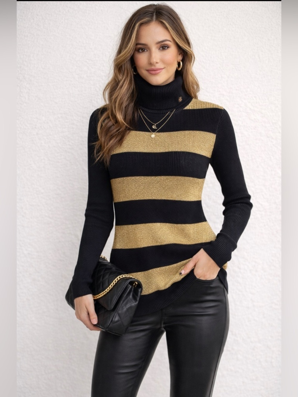 Lauren Ralph Lauren Black Gold Metallic Stripe Turtleneck Sweater Size Small